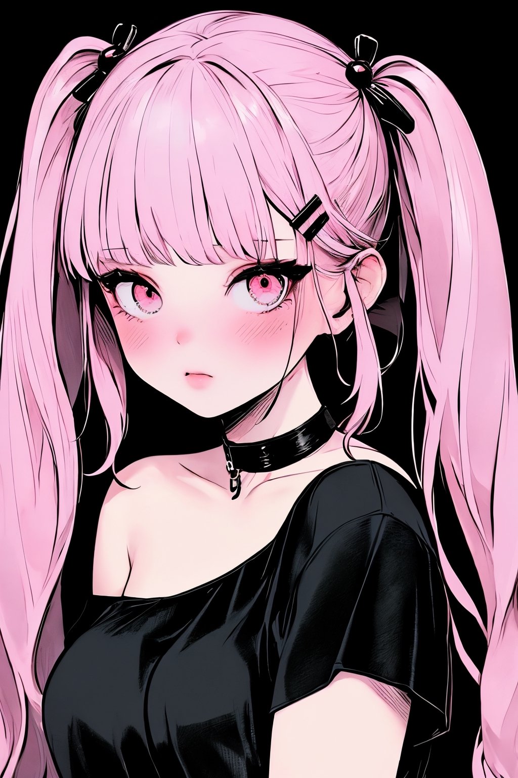 (masterpiece),,(best quality), 
1girl, solo, long hair, looking at viewer, blush, simple background, shirt, hair ornament, bare shoulders, twintails,  upper body, pink hair,  choker, hairclip, pink eyes, off shoulder, black shirt, black background,  multicolored eyes, covering mouth, off-shoulder shirt, 

High detailed ,masterpiece