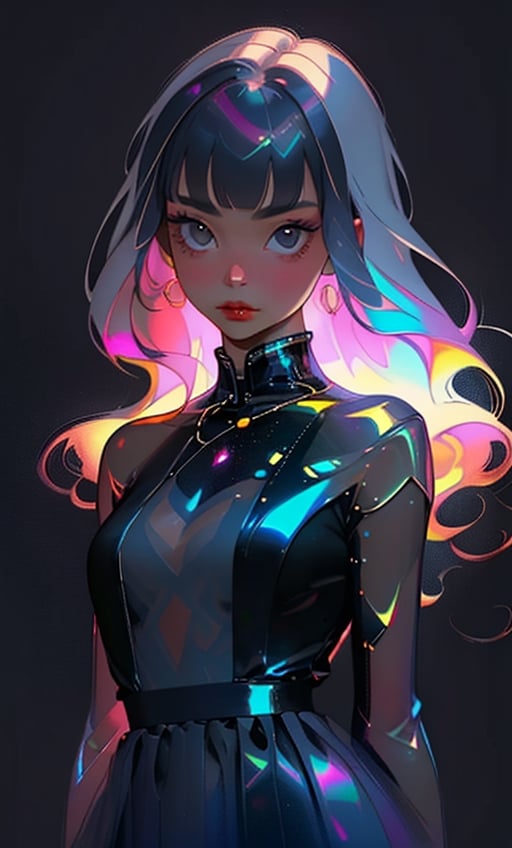 (masterpiece),(best quality), 

1girl, solo, long hair, looking at viewer, simple background, closed mouth, upper body, white hair, blunt bangs, lips, black background, portrait, 

hologram skirt,portrait,(dress hologram:1.2), bioluminescent liquid