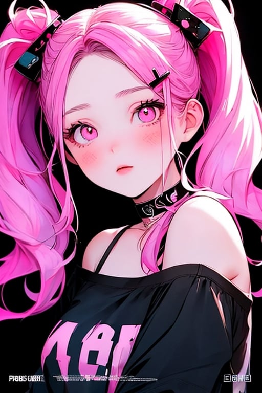 (masterpiece),,(best quality), 
1girl, solo, long hair, looking at viewer, blush, simple background, shirt, hair ornament, bare shoulders, twintails,  upper body, pink hair,  choker, hairclip, pink eyes, off shoulder, black shirt, black background,  multicolored eyes, covering mouth, off-shoulder shirt, 

High detailed ,masterpiece