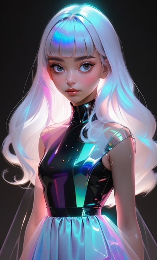 (masterpiece),(best quality), 

1girl, solo, long hair, looking at viewer, simple background, closed mouth, upper body, white hair, blunt bangs, lips, black background, portrait, 

hologram skirt,portrait,(dress hologram:1.2), bioluminescent liquid