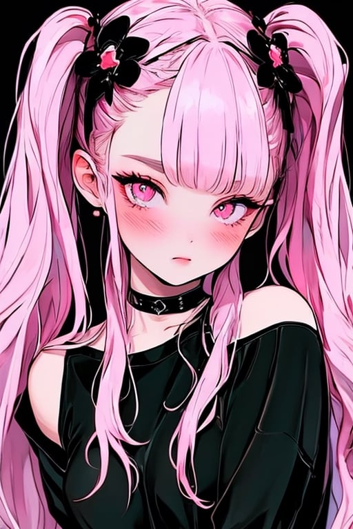 (masterpiece),,(best quality), 
1girl, solo, long hair, looking at viewer, blush, simple background, shirt, hair ornament, bare shoulders, twintails,  upper body, pink hair,  choker, hairclip, pink eyes, off shoulder, black shirt, black background,  multicolored eyes, covering mouth, off-shoulder shirt, 

High detailed ,masterpiece