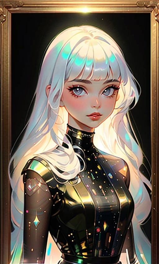 (masterpiece),(best quality), 

1girl, solo, long hair, looking at viewer, simple background, closed mouth, upper body, white hair, blunt bangs, lips, black background, portrait, 

hologram skirt,portrait,(dress hologram:1.2), bioluminescent liquid