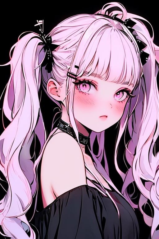 (masterpiece),,(best quality), 
1girl, solo, long hair, looking at viewer, blush, simple background, shirt, hair ornament, bare shoulders, twintails,  upper body, pink hair,  choker, hairclip, pink eyes, off shoulder, black shirt, black background,  multicolored eyes, covering mouth, off-shoulder shirt, 

High detailed ,masterpiece