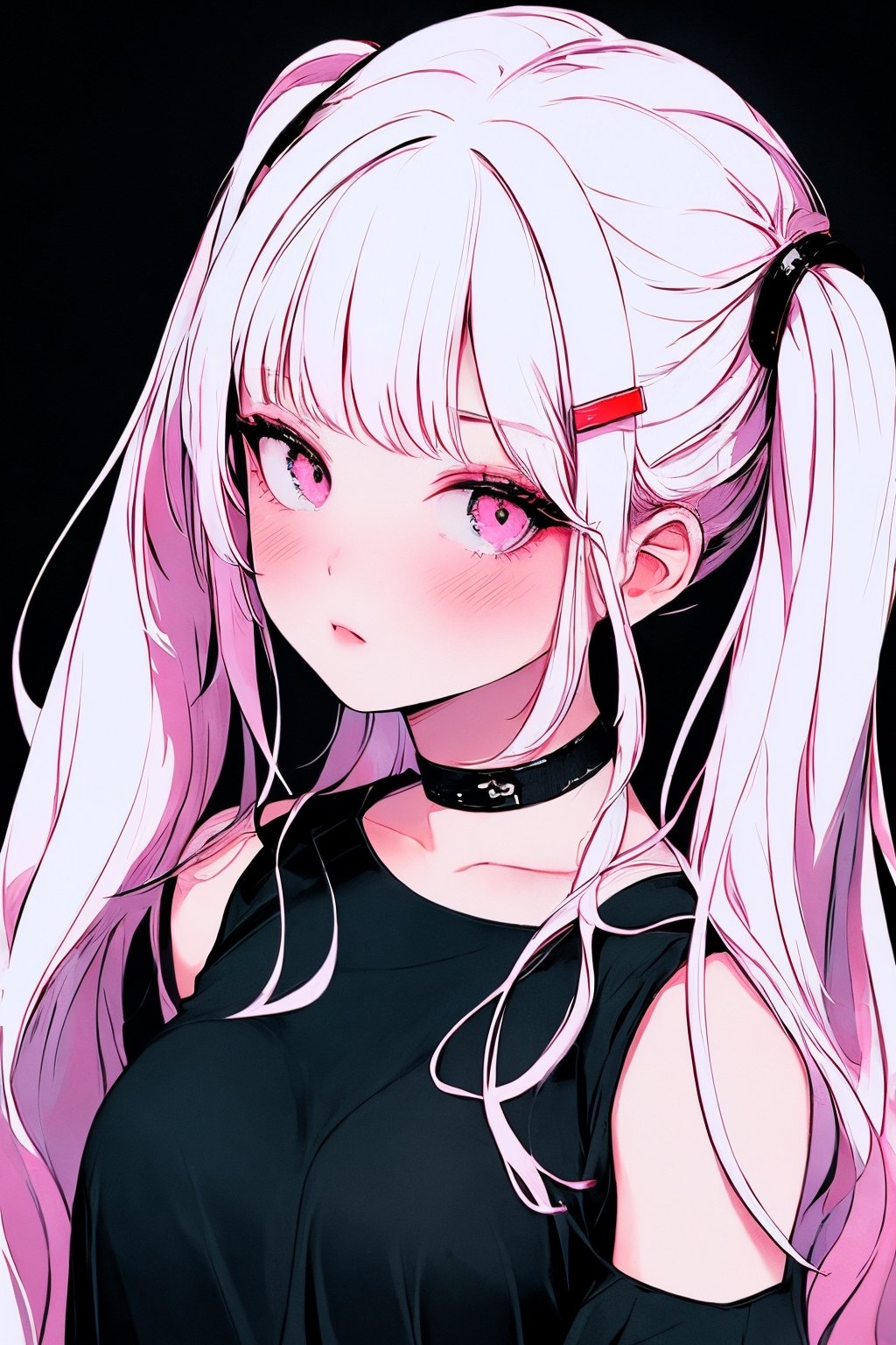 (masterpiece),,(best quality), 
1girl, solo, long hair, looking at viewer, blush, simple background, shirt, hair ornament, bare shoulders, twintails,  upper body, pink hair,  choker, hairclip, pink eyes, off shoulder, black shirt, black background,  multicolored eyes, covering mouth, off-shoulder shirt, 

High detailed ,masterpiece