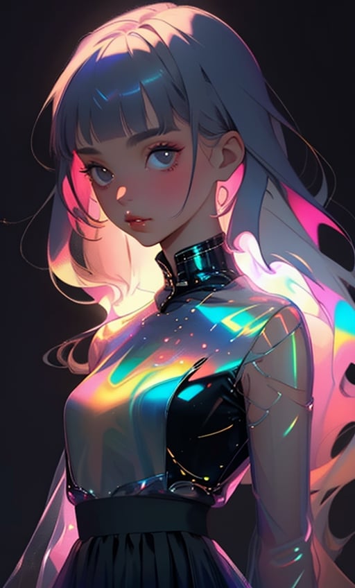 (masterpiece),(best quality), 

1girl, solo, long hair, looking at viewer, simple background, closed mouth, upper body, white hair, blunt bangs, lips, black background, portrait, 

hologram skirt,portrait,(dress hologram:1.2), bioluminescent liquid