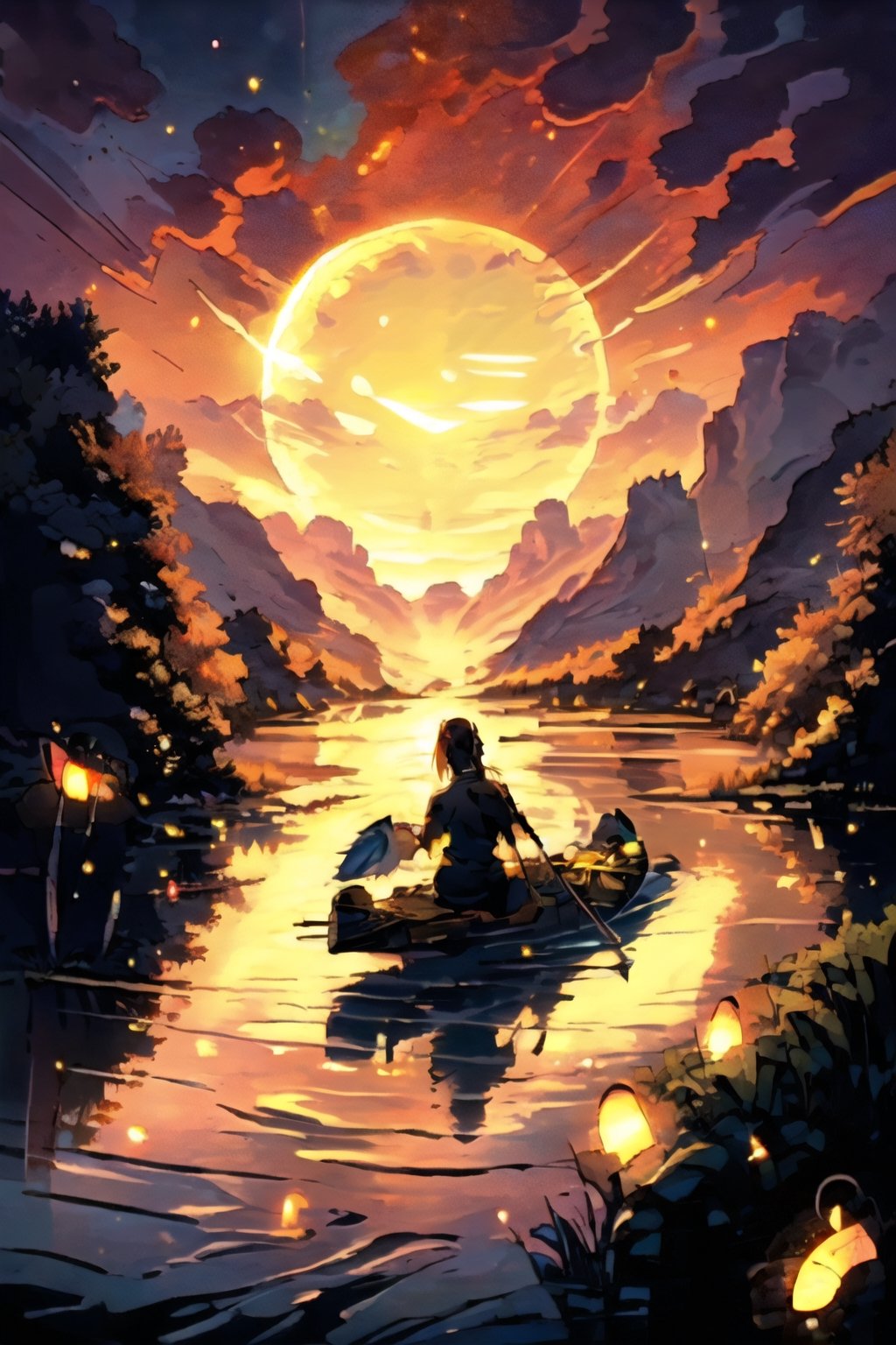 	A 12X16 inch cartoon style masterpiece; Capture the serenity of the kayaker gliding through the mirror-like lake, bathed in the warm glow of the setting sun.,firefliesfireflies,EpicArt