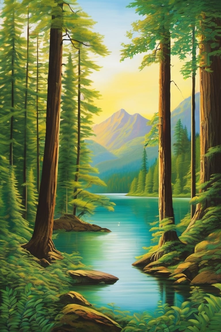 Create a vivid ideogram capturing the essence of a serene hiking experience, featuring a lush forest of towering trees overlooking a tranquil lake. Convey the spirit of adventure and the natural beauty that unfolds during a peaceful hike surrounded by the harmonious blend of greenery and water.