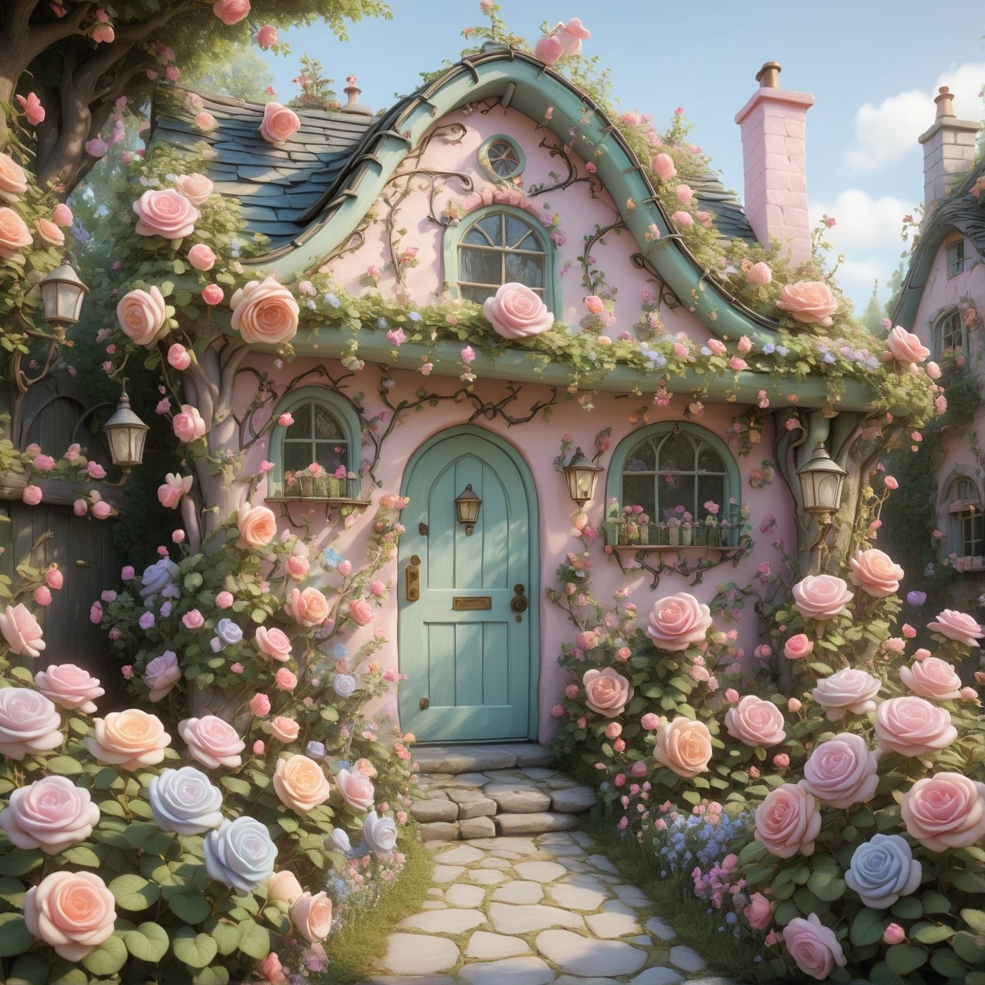 A whimsical cottage adorned with climbing roses in every shade of pastel, nestled amidst a garden of candy-colored blooms, in a storybook cartoon style.
