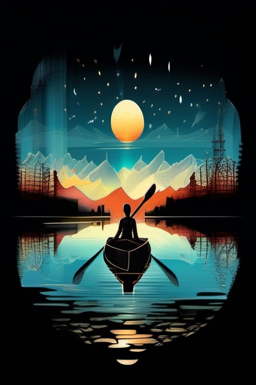  a work of art that combines different elements from the scene, such as painting the kayaker and the reflected sunset in a musical style.