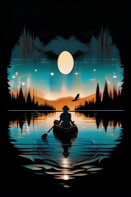  Capture the serenity of the kayaker gliding through the mirror-like lake, bathed in the warm glow of the setting sun. Paint the silhouettes of the tall pines towering against the fiery sky, casting long shadows across the water. Depict the graceful flight of the birds in formation, their silhouettes dancing against the vibrant sunset hues.