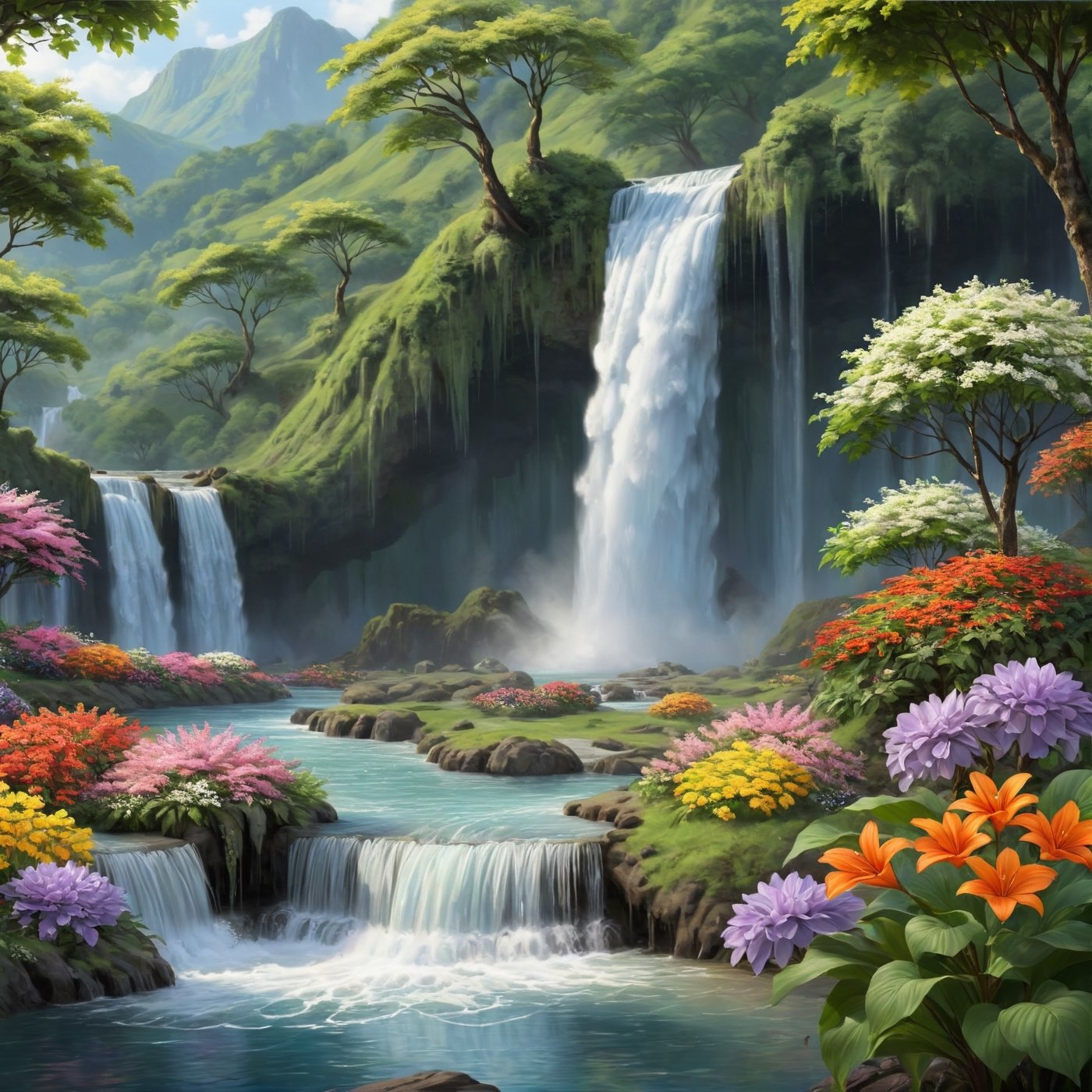 flowers, waterfalls, trees at the background
