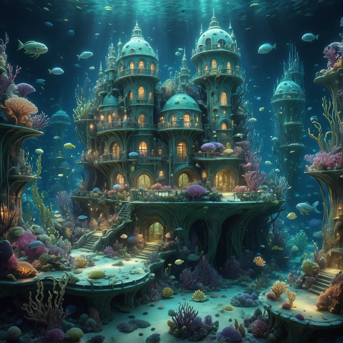 An underwater city inhabited by mermaids and sea creatures, illuminated by bioluminescent algae.