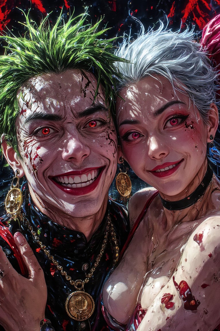 "A highly detailed close-up of Joker and Sasalee standing side by side. Joker’s face shows his signature maniacal grin,  w...