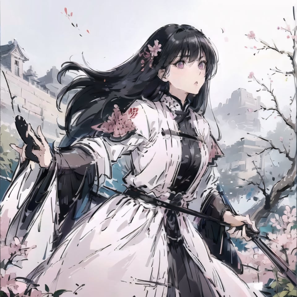 Natural Light, (Best Quality, highly detailed, Masterpiece), ((wide shot)), 
(beautiful and detailed eyes), (realistic detailed skin texture), (detailed hair), (full-length shot), ((expression Concentration)), ((fighting stance)), 1girl, impeccably detailed face, cute, A china female is standing in front of a tree with pink flowers and white background, wearing a mixture of leather armor and cloth clothing, with black hair. pay attention to details like clothing texture, sword behind, (clean outline), (sketch style line art), ink background,ink splash,