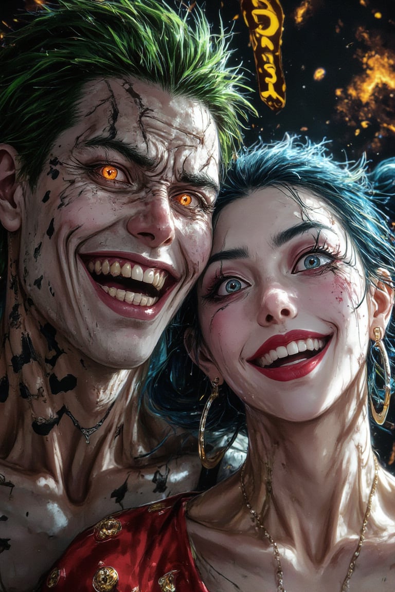 "A highly detailed close-up of Joker and Sasalee standing side by side. Joker’s face shows his signature maniacal grin,  w...
