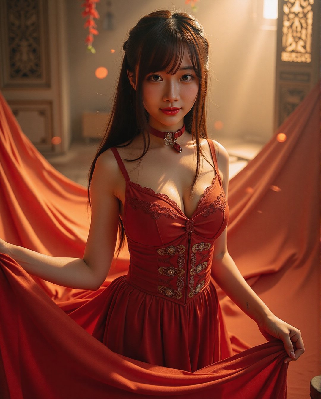 Masterpiece, 8k, HDR, 3D, best quality, photography, analog style, real life, extremely beautiful, highly detailed, intricately detailed, alluring eyes.

A stunning Asian woman (1girl) with long dark hair faces the camera, her expression warm with a gentle smile. She stands at the threshold of a mystical realm, occupying at least three-quarters of the image. Her flowing crimson costume swirls dramatically behind her, while amber and glass-like particles refract light around her. Her figure highlights a much fuller chest and a very slender waist with a defined, striking hourglass shape. The background features ancient cities emerging from misty veils and magical creatures dancing, as the air glows with soft crimson magic, framing her in an enchanting, otherworldly atmosphere.,Fantasy detailers 