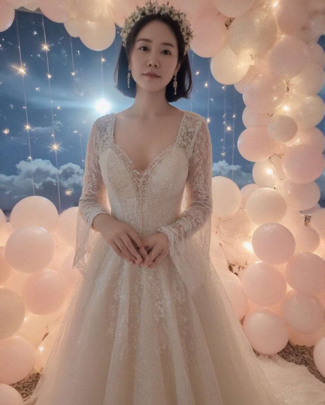 Masterpiece, 8k, HDR, 3D, best quality, photography, analog style, real life, extremely beautiful, highly detailed, intricately detailed, alluring eyes.

A stunning Asian woman (peipeiL) with short dark hair and a voluptuous figure, her perfect hourglass silhouette highlighted with a full chest and slim waist, stands in a fantasy wedding scene. She wears an exquisite gown that accentuates her curves, with delicate lace and sheer flowing layers. Surrounding her are soft, fluffy clouds, pastel-colored balloons, and twinkling stars scattered across a glowing night sky. The atmosphere is dreamy and enchanting, capturing the perfect balance of elegance and whimsy.