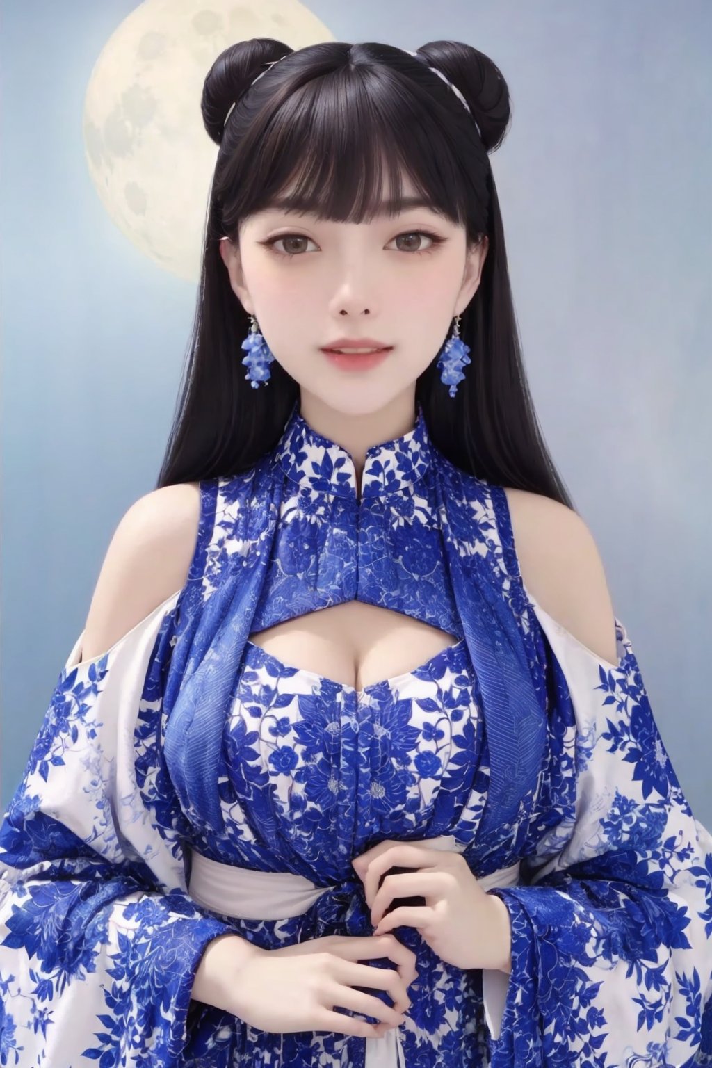 busty and sexy girl, 8k, masterpiece, ultra-realistic, best quality, high resolution, high definition, 1girl, solo, long hair,large breasts, looking at viewer, smile, black hair, hair ornament, long sleeves, dress, bare shoulder, jewelry, purple eyes, upper body, flower, earrings, hair flower, wide sleeves, hair bun, bracelet, sash, double bun, chinese clothes, ((moon))Auguste Renoir ~ Paul Peel ~ John Singer Sargent ~ Alexandre-Jacques Chantron ~ John William Godward ~ John William Waterhouse ~ Han-Wu Shen ~ Ishitaka Amano ~ Chakrapan Posayakrit ~ Kim Jung Gi ~ Kei Mieno ~ Ikushima Hiroshi ~ WLOP ~ William-Adolphe Bouguereau ~ Alphonse Mucha ~Luis Royo ~ Range Murata ~ Jock Sturges photography ~ David Hamillton photography ,sparkles,,surreal