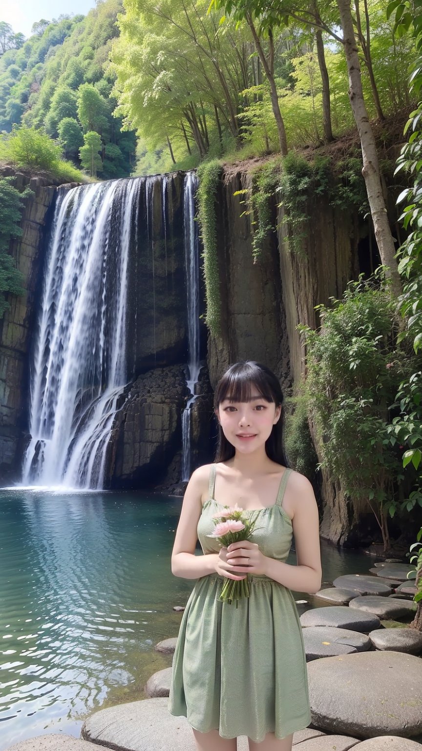 A masterpiece unfolds: A stunning Korean girl stands at the edge of Victoria's majestic waterfalls, her flowing hair and beautiful detailed eyes illuminated by soft, colorful light. She wears a Waist Patch That Looks Narrower Y2K Sporty Kara Mini One Dress, holding a bouquet of fresh flowers. Pure happiness radiates from her serene expression as she steps into the Australian wilderness, surrounded by enchanting scenery and refreshing mist. The emerald green waters cascade beneath her, creating a peaceful retreat that harmonizes with nature. As the sun sets in the distance, her silhouette is bathed in warm golden light, exuding a romantic mood.