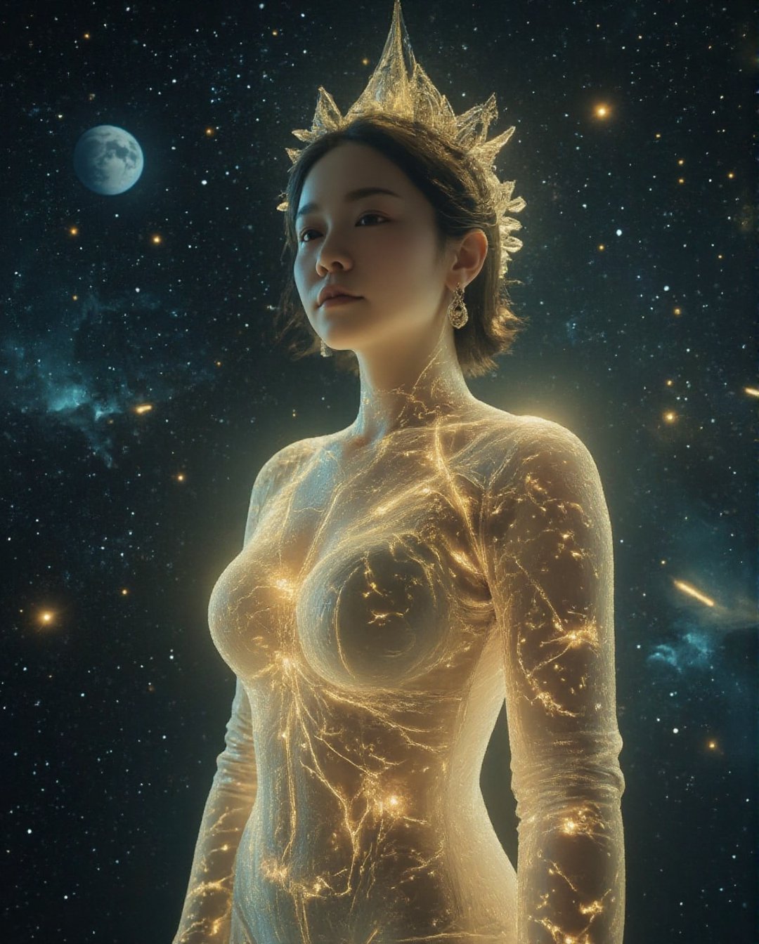 Masterpiece, 8k, HDR, 3D, best quality, Realistic, cinematic art.

An awe-inspiring Asian woman (peipeiL) with short dark hair, voluptuous figure, full chest, and a slim, tight waist. Her body, sculpted like glass, glows with a soft, ethereal light, adorned with golden, cracked kintsugi patterns tracing along her features, interwoven with neon tattoos forming geometric shapes that pulse with magical energy. She stands in the vastness of deep space, with Earth and distant stars in the background, and meteor showers streaking across the starry expanse, creating a scene of cosmic wonder.,Crystal Glass,Lighting Effect