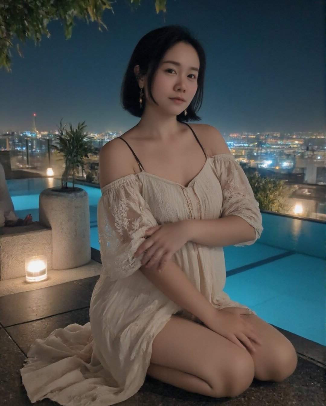 Masterpiece, 8k, HDR, 3D, best quality, photography, analog style, real life, extremely beautiful, highly detailed, intricately detailed, alluring eyes.

A stunning Asian woman (peipeiL) with short hair and a voluptuous figure kneels gracefully on a beach chair by the rooftop infinity pool at night. She wears a cute, off-shoulder sundress with delicate floral designs, the fabric flowing softly around her as she poses. The serene night scene, with city lights shimmering in the background, enhances the peaceful yet enchanting atmosphere, while her pose on the beach chair adds an element of casual elegance.