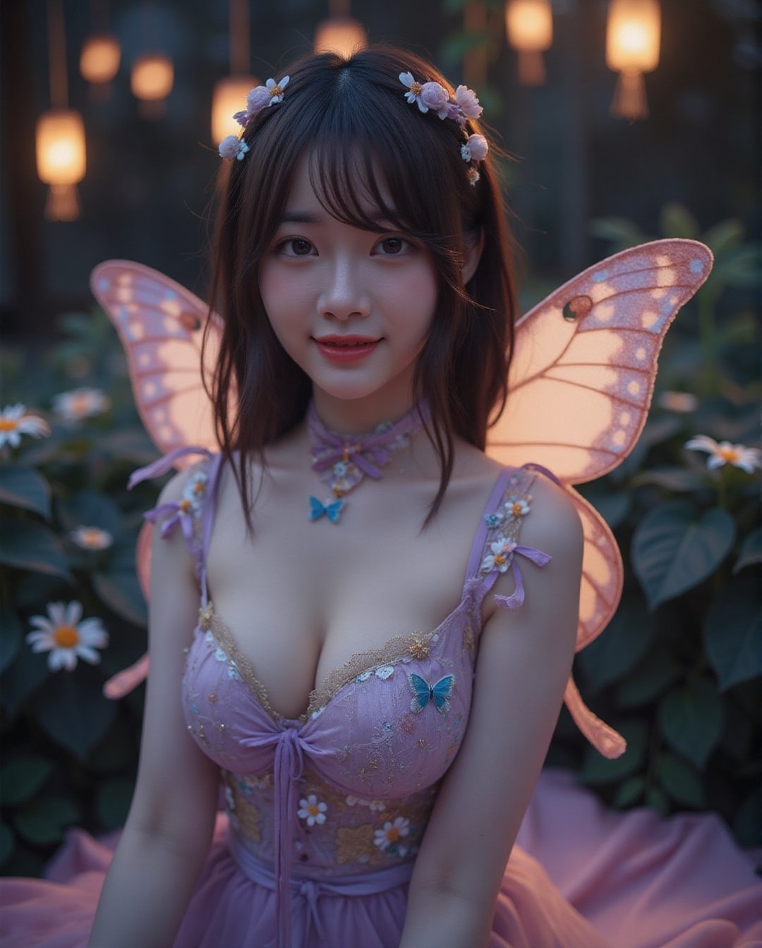 Masterpiece, 8k, HDR, 3D, best quality, photography, analog style, real life, extremely beautiful, highly detailed, intricately detailed, alluring eyes.

An enchanting Asian woman (1girl) with short dark hair, voluptuous curves, and a slim waist stands in a magical twilight garden. She wears an ethereal, flowing gown adorned with delicate butterfly patterns, the fabric shimmering in hues of lavender, gold, and midnight blue. Iridescent butterfly wings extend from her back, softly glowing. Delicate butterfly accessories decorate her hair, and her radiant smile exudes grace and confidence. Around her, glowing lanterns and bioluminescent plants enhance the otherworldly beauty of this butterfly princess.