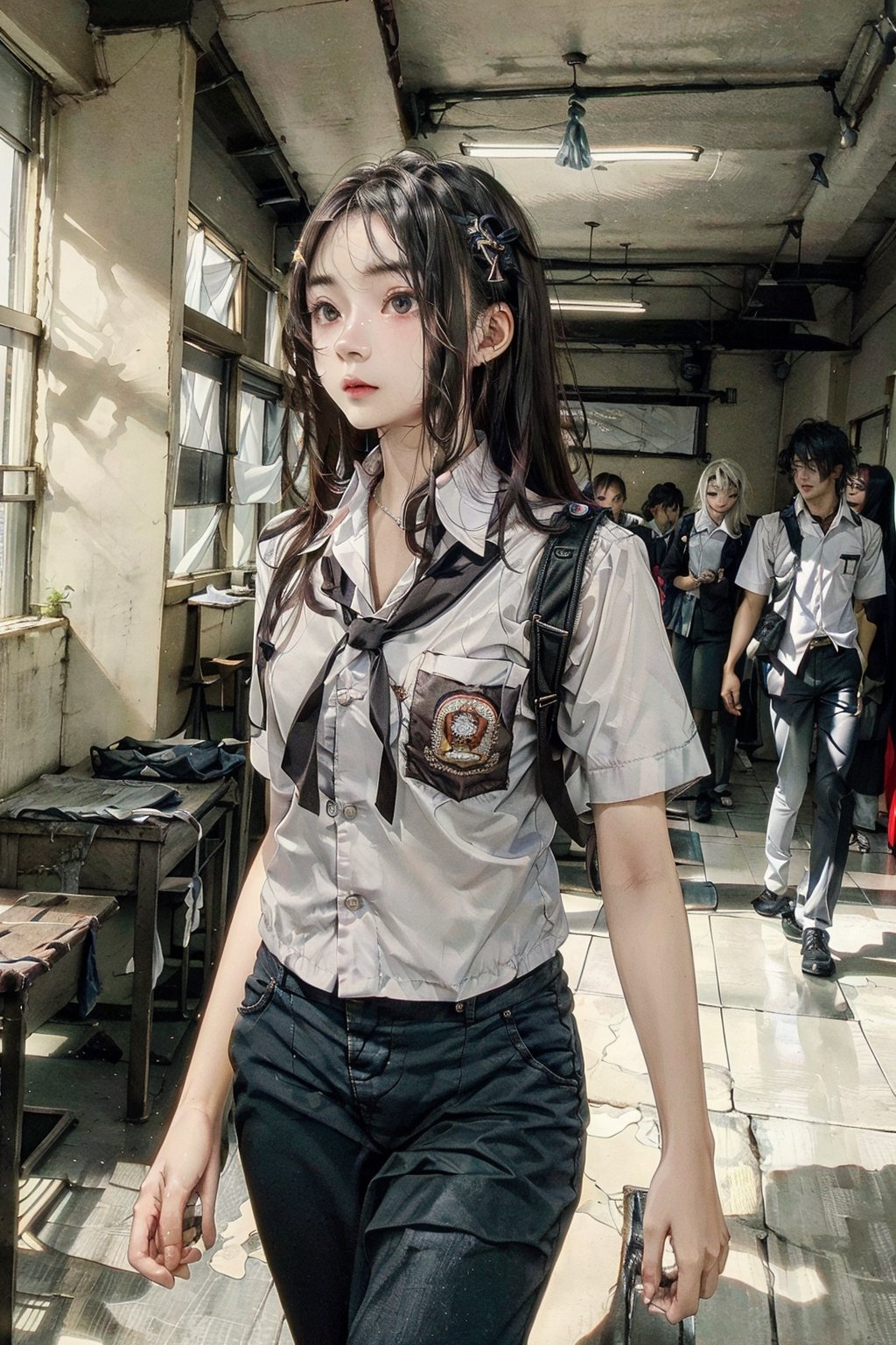 Clara, 17yo, Indonesian, long hair, talking with Rian, boy,18yo, short hair, messy hair, walking in the school field, dynamic lighting, very detailed faces, 4k, ,wearing indonesian high school uniform, 