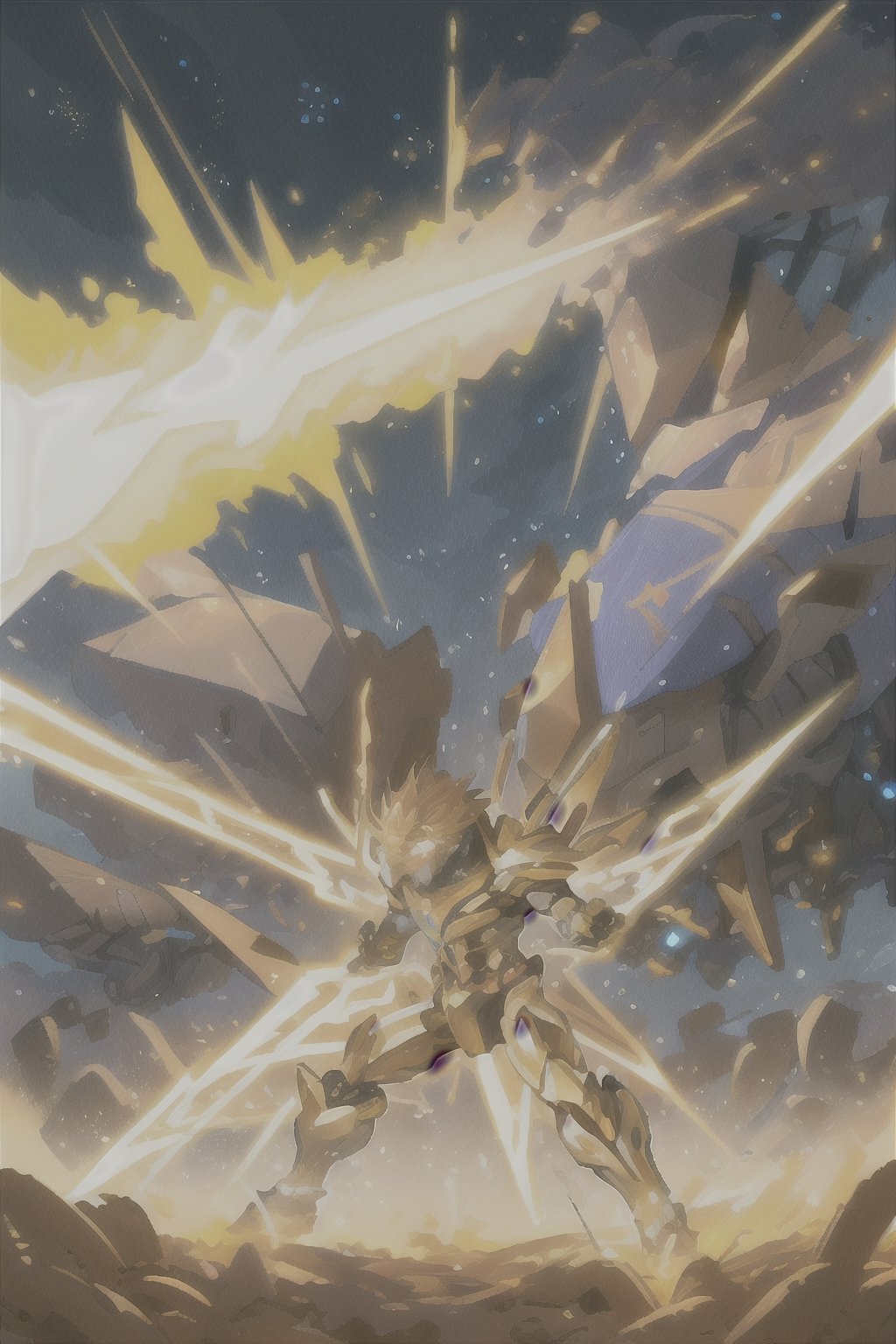 A fierce, golden-tan male mech warrior charges through the chaos of a battlefield in the desert, his robotic frame rippling with toned muscles as he wields a massive, 
stylized fantasy weapon. His body is adorned with intricate, glowing body paint in a Leo logo, 
marking him as a powerful and fearsome hero with metal wings