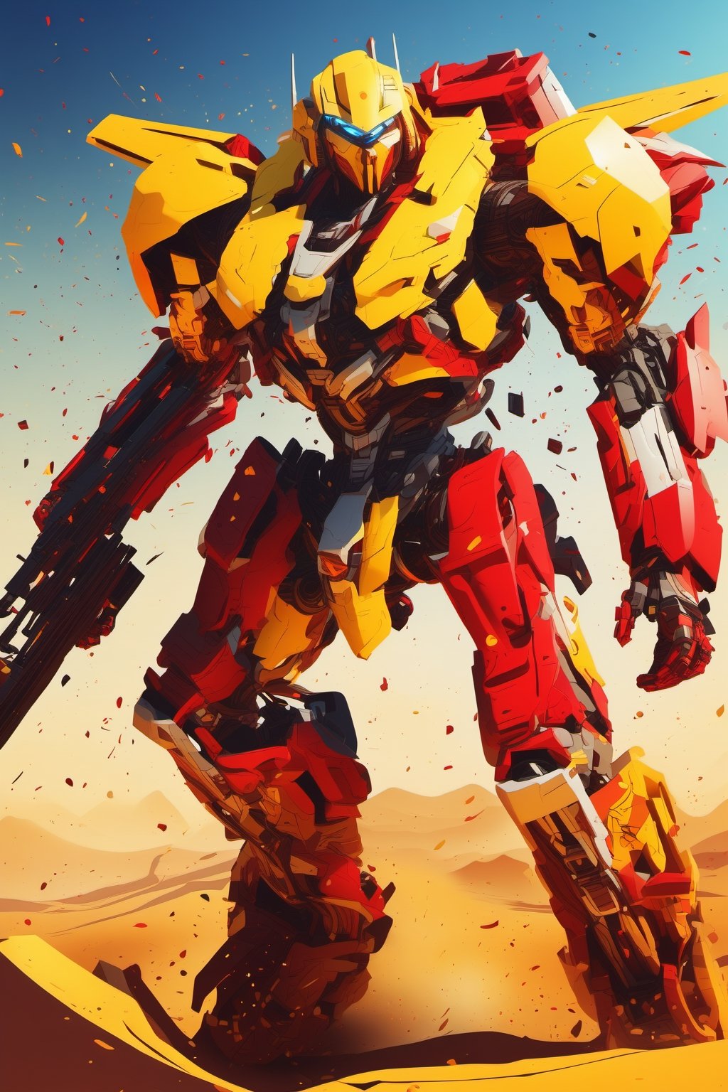 A gold, yellow and red Leo-themed male mech warrior transformer charges through the chaos of a battlefield in the desert, best quality