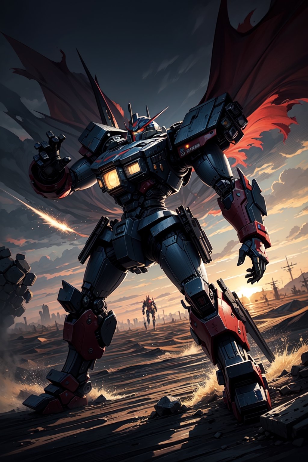 A red mech warrior transformer charges through the chaos of a battlefield in the desert.,(best quality.