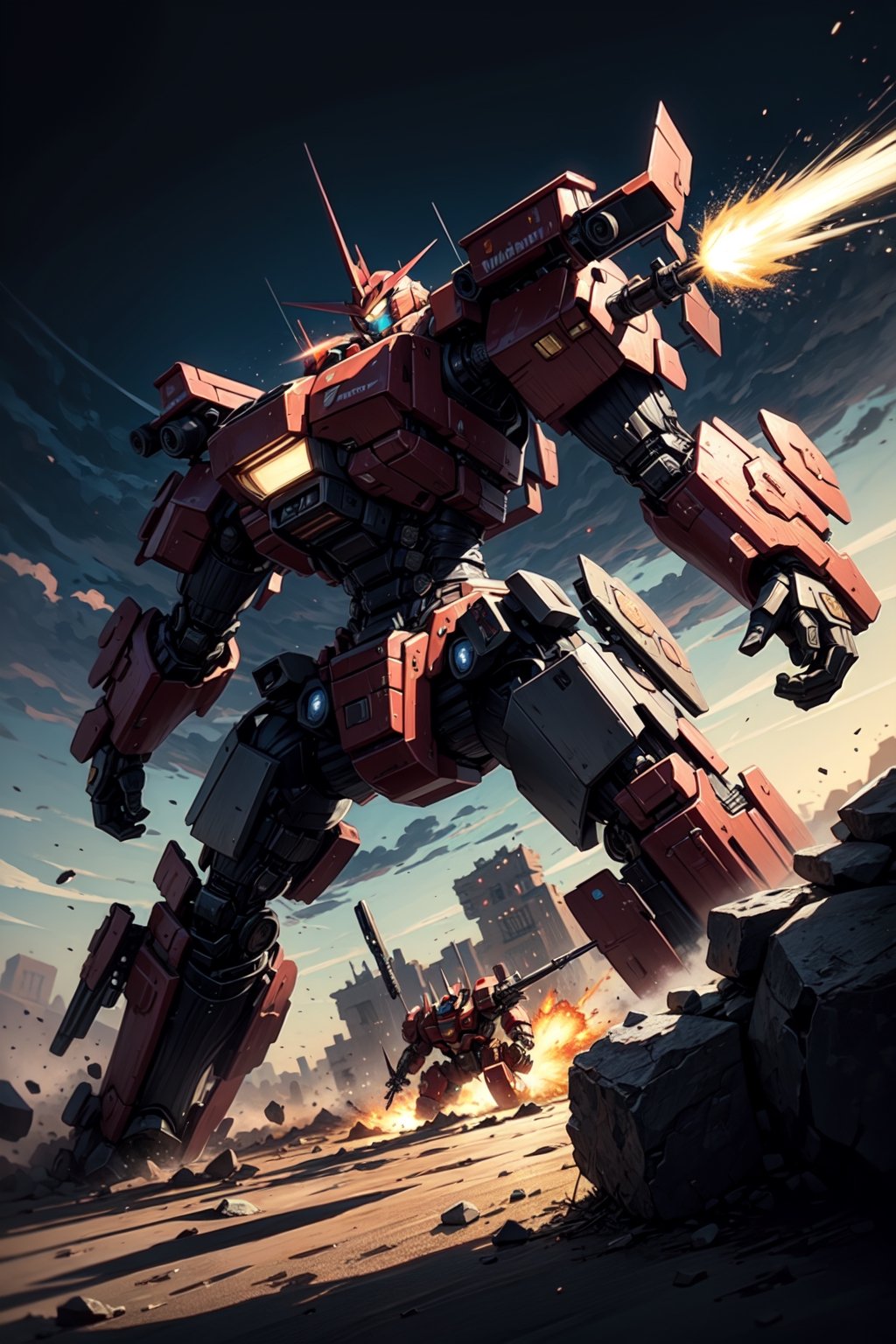 A red mech warrior transformer charges through the chaos of a battlefield in the desert.,(best quality.