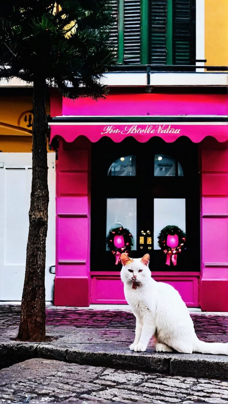 Christmas Art Show . beautiful street walking on the street, dressed in pink, the piazza is decorated by the alberi di Natale, light and atmosphere, very particular,aw0k cat