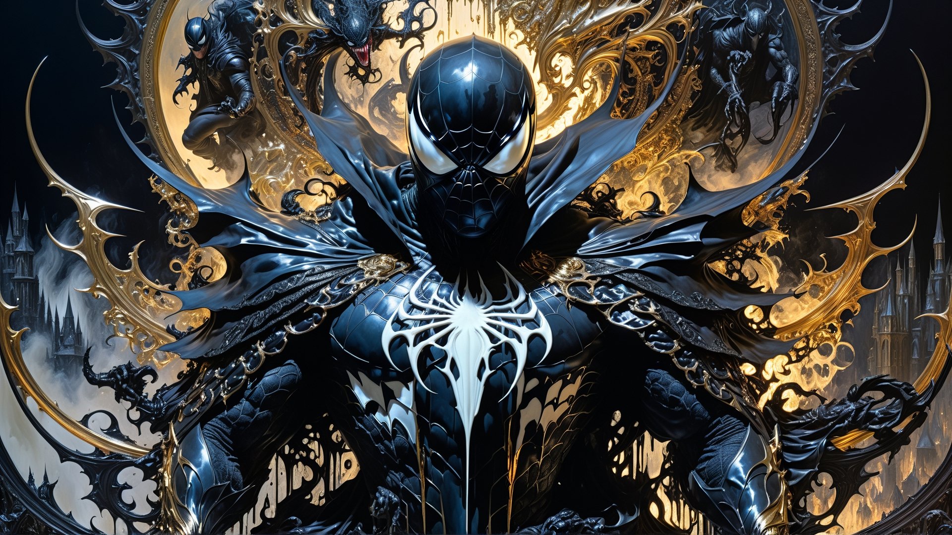 Ultra-Wide angle shot, photorealistic of gothic medieval of thrilling fusion between Ispiderman and Venom, resulting in a new character that embodies elements of both, people, seeBlack ink flow: 8k resolution photorealistic masterpiece: by Aaron Horkey and Jeremy Mann: intricately detailed fluid gouache painting: by Jean Baptiste Mongue: calligraphy: acrylic: colorful watercolor art, cinematic lighting, maximalist photoillustration: by marton bobzert: 8k resolution concept art intricately detailed, complex, elegant, expansive, fantastical, psychedelic realism, dripping paint