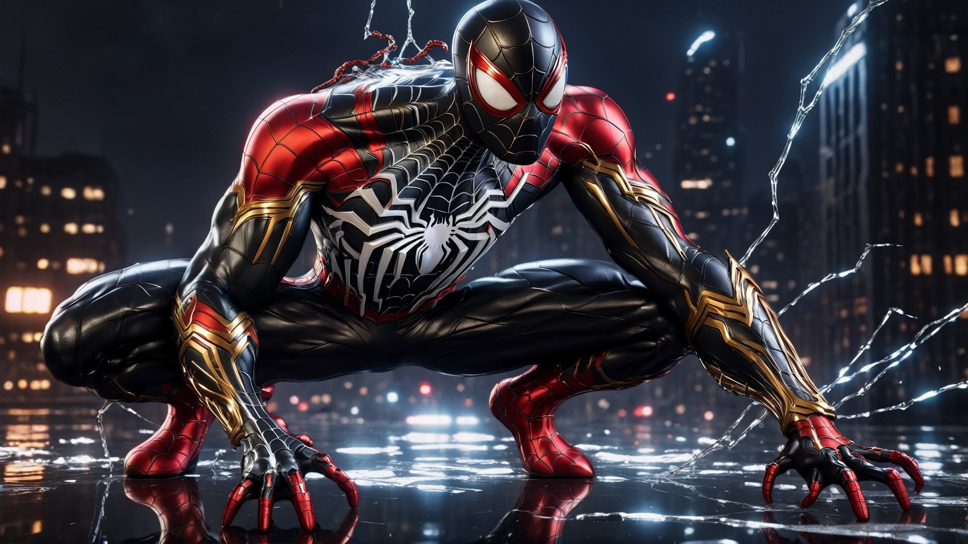 (Spider-Man's Signature Pose), venom, Angry spiderman character, anthropomorphic figure, wearing futuristic, reflection mapping, realistic figure, hyperdetailed, cinematic lighting photography, 32k uhd with a golden staff, red lighting on suit, Broken lens, full_body,