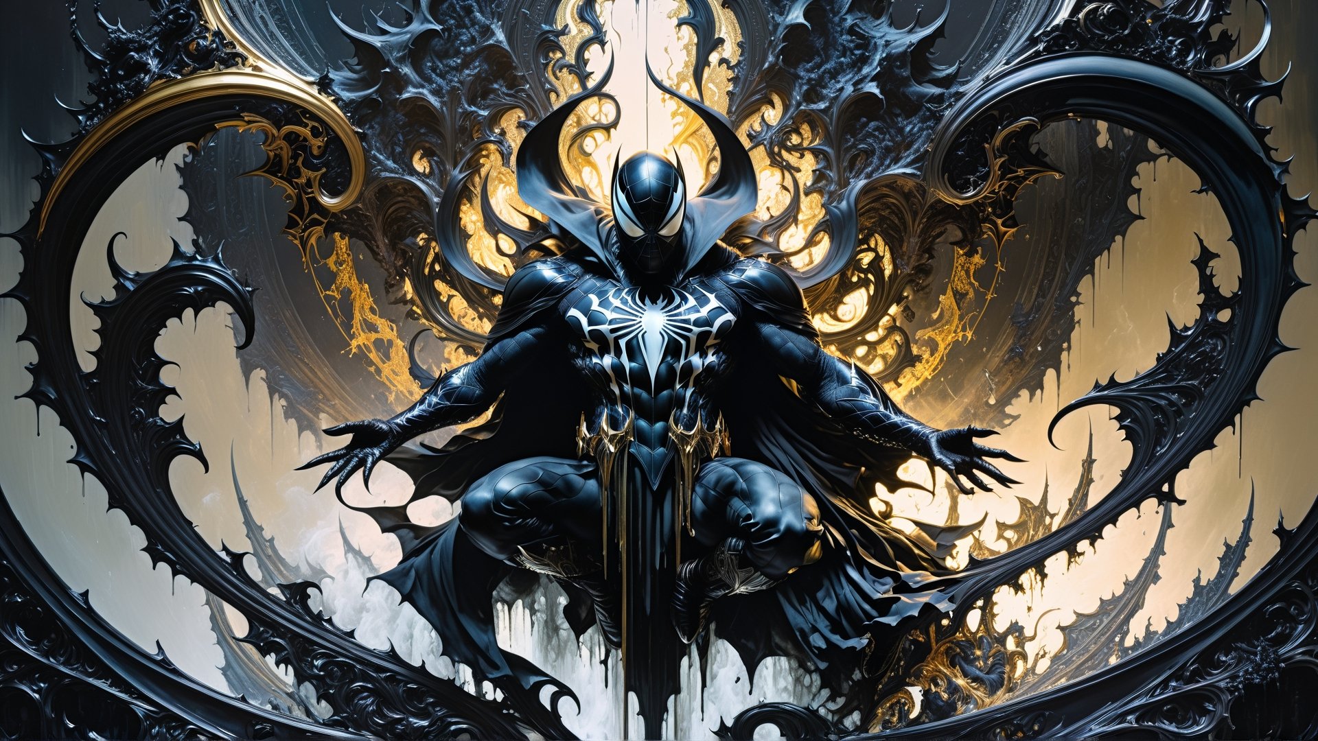 Ultra-Wide angle shot, photorealistic of gothic medieval of thrilling fusion between Ispiderman and Venom, resulting in a new character that embodies elements of both, people, seeBlack ink flow: 8k resolution photorealistic masterpiece: by Aaron Horkey and Jeremy Mann: intricately detailed fluid gouache painting: by Jean Baptiste Mongue: calligraphy: acrylic: colorful watercolor art, cinematic lighting, maximalist photoillustration: by marton bobzert: 8k resolution concept art intricately detailed, complex, elegant, expansive, fantastical, psychedelic realism, dripping paint