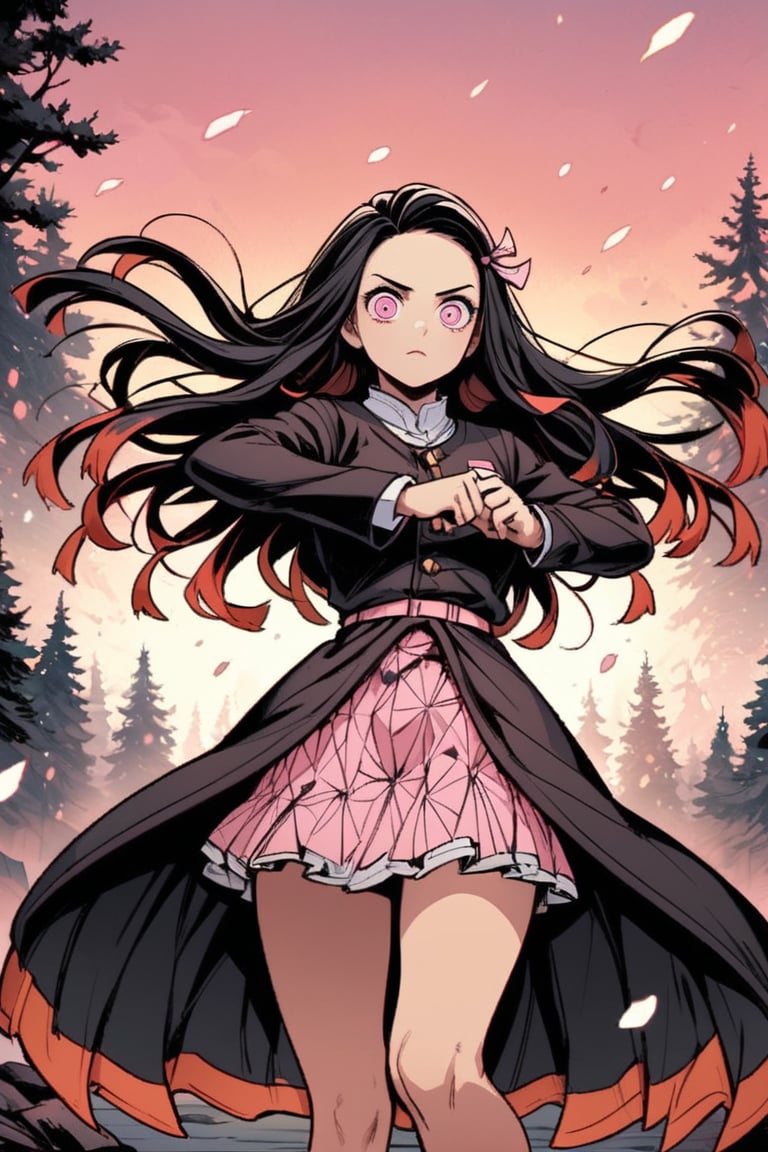 (masterpiece, best quality, highly detailed, ultra-detailed, intricate), illustration, pastel colors, offcial art, half realistic,

Kimetsu no Yaiba style, (Kamado Nezuko:1.35), solo, (1 woman has big pink eyes),(high_cut skirt and show the long legs),[full_body|upper_body], standing in the sky, (fighting pose:1.2),(background is white snowing forest), (pink long nails), (serious face)

high_view,
super detail face,comic book, enchanced_color, ,portraitart,brccl