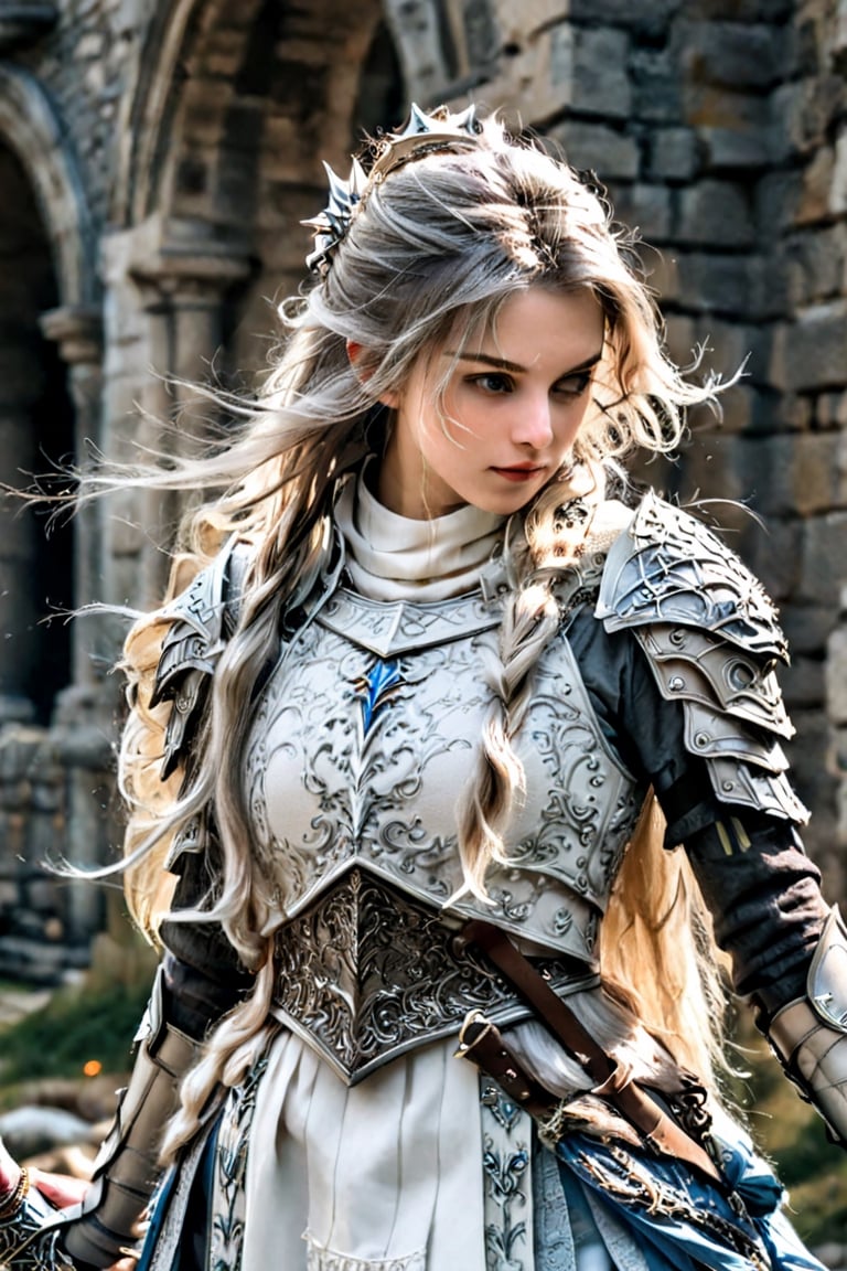 European style, fantasy, solo, cute girl, knight outfit, white & silver long hair, battle, faithing, enemy, ruins, holding long sword, (masterpiece), (best quality), (ultra-detailed), (an extremely delicate and beautiful), ((textile shading)), (caustics), (((sharp focus))),