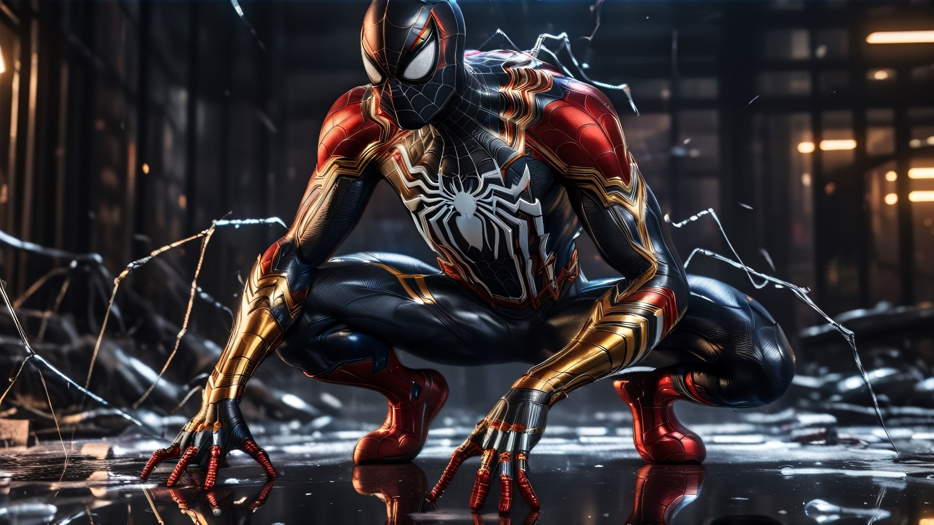 (Spider-Man's Signature Pose), venom, Angry spiderman character, anthropomorphic figure, wearing futuristic, reflection mapping, realistic figure, hyperdetailed, cinematic lighting photography, 32k uhd with a golden staff, red lighting on suit, Broken lens, full_body,