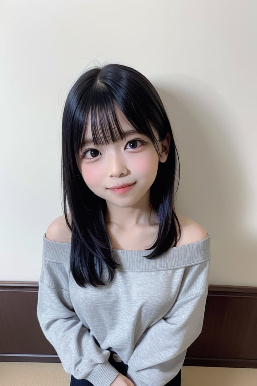 A masterpiece of a 6-year-old Japanese girl in a kindergarten, Very detailed, Full-body portrait, Standing with a slight smile, Wearing long pants and a cute off-the-shoulder knit sweatshirt, Black long hair, Symmetrical face, Realistic features, Big bright eyes with double eyelid, Innocent and curious expression, Soft and natural lighting, Gray background, Semi-backlit, Age 6.