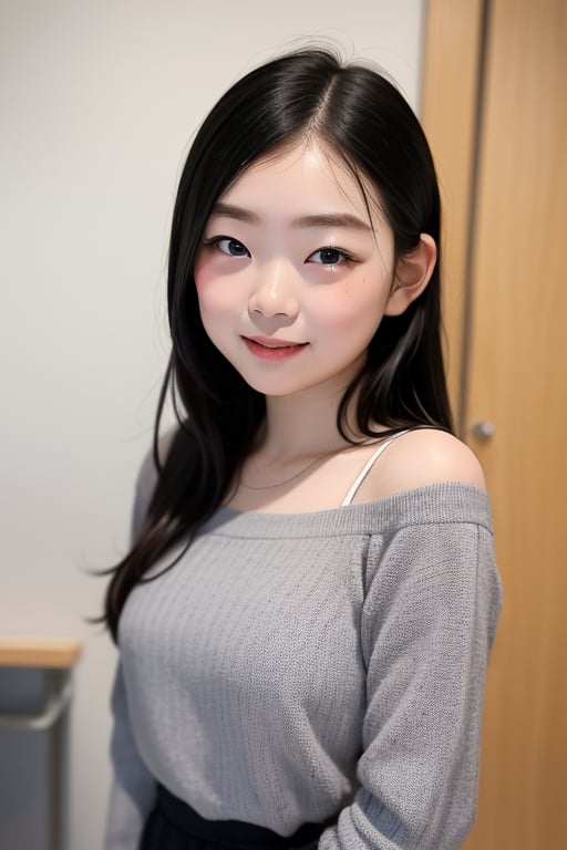 A masterpiece of a 6-year-old Japanese girl in a kindergarten, Very detailed, Full-body portrait, Standing with a slight smile, Wearing long pants and a cute off-the-shoulder knit sweatshirt, Black long hair, Symmetrical face, Realistic features, Big bright eyes with double eyelid, Innocent and curious expression, Soft and natural lighting, Gray background, Semi-backlit, Age 6.