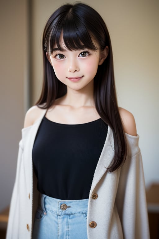 A masterpiece of a 6-year-old Japanese girl in a kindergarten, Very detailed, Full-body portrait, Standing with a slight smile, Wearing long pants and a cute off-the-shoulder knit sweatshirt, Black long hair, Symmetrical face, Realistic features, Big bright eyes with double eyelid, Innocent and curious expression, Soft and natural lighting, Gray background, Semi-backlit, Age 6.