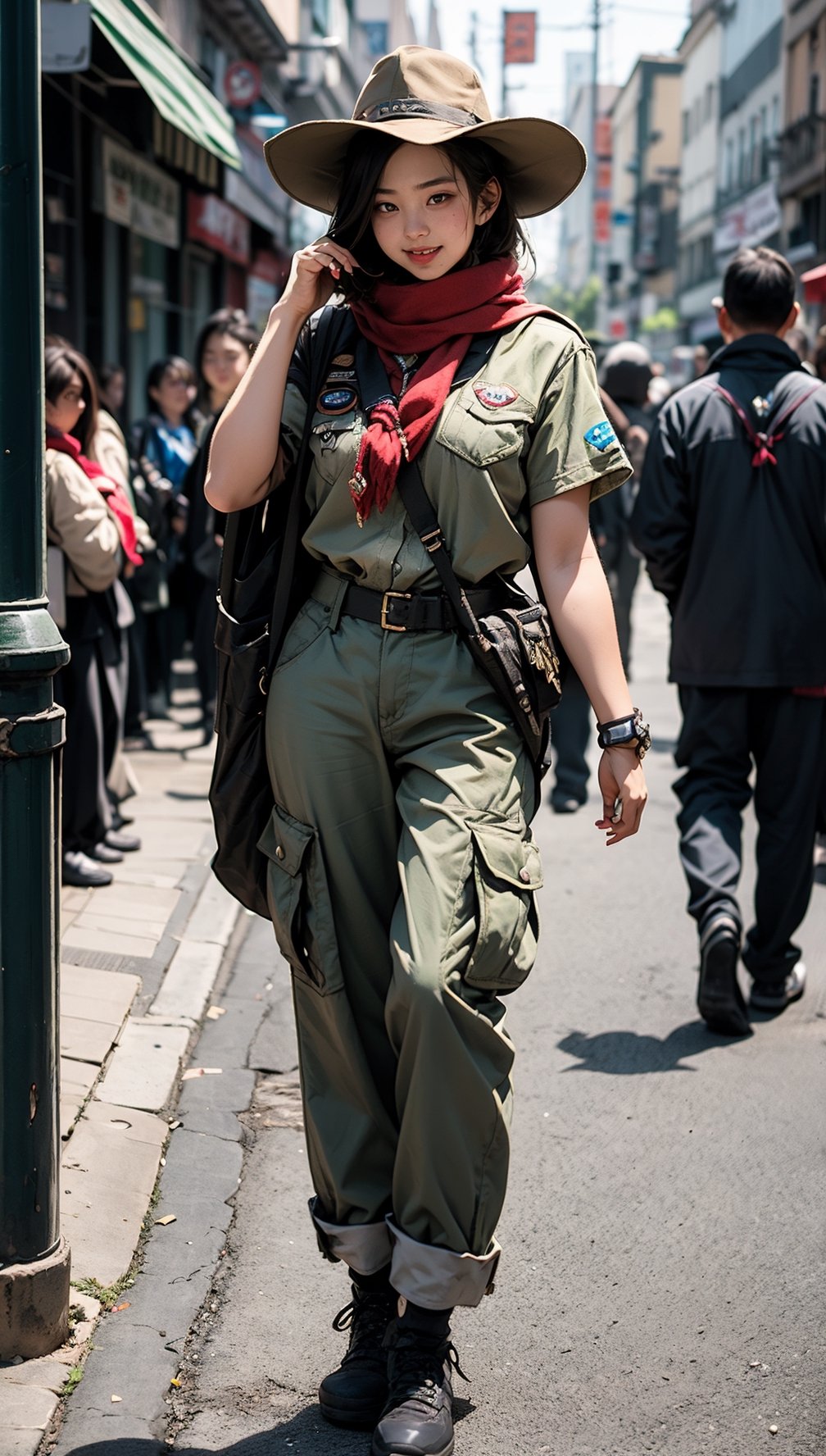 When the camera focuses on this 22-year-old woman, what we see is a very representative Boy Scout. She is as slender as a model, with a charming smile like Lin Chiling's, but her eyes contain determination and perseverance. She wore green Scout trousers, a khaki short-sleeved Scout uniform, and a Scout hat, showing off her overall style. The wooden badge on the brooch proves her important position in the Scout organization of the Republic of China, and the wooden badge scarf symbolizes the special role she plays. She held the Boy Scout stick tightly in one hand and made the standard three-finger salute of the Boy Scouts with the other hand, showing her loyalty to the Scout ideals. This day happens to be March 5th, and people celebrate Scouting Day all over the world. Her costume also features the Baden-Powell badge, which is a tribute to the founding place of the global Scout movement. Her full-body panoramic photo is undoubtedly an excellent visual letter, showing the spirit of the Scout organization of the Republic of China. Beauty, determination and loyalty are all fully reflected in this young woman.