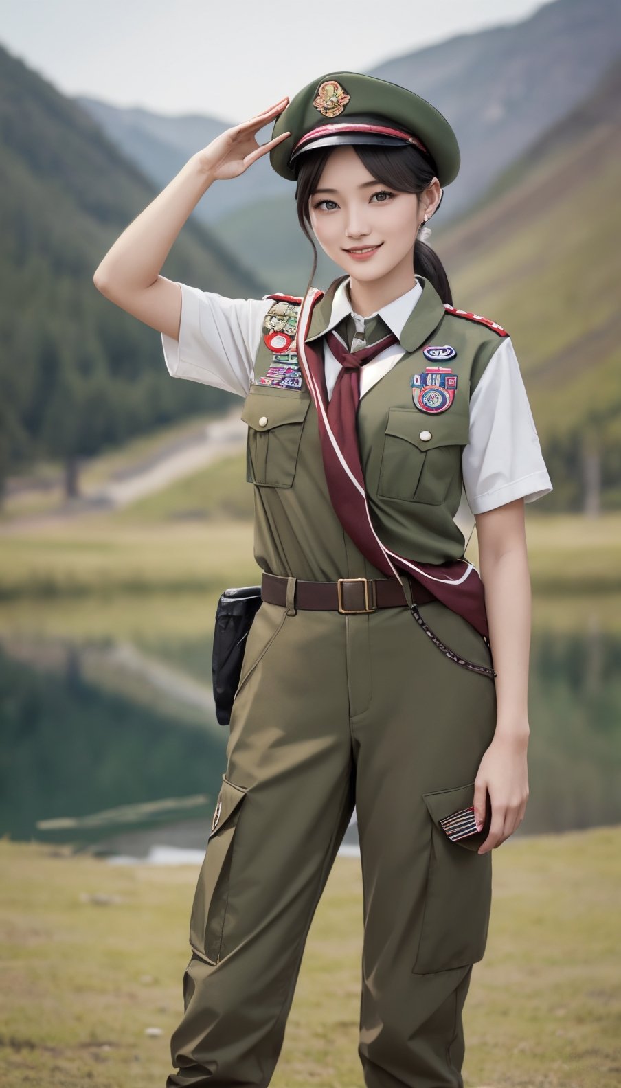 When the camera focuses on this 22-year-old woman, what we see is a very representative Boy Scout. She is as slender as a model, with a charming smile like Lin Chiling's, but her eyes contain determination and perseverance. She wore green Scout trousers, a khaki short-sleeved Scout uniform, and a Scout hat, showing off her overall style. The wooden badge on the brooch proves her important position in the Scout organization of the Republic of China, and the wooden badge scarf symbolizes the special role she plays. She held the Boy Scout stick tightly in one hand and made the standard three-finger salute of the Boy Scouts with the other hand, showing her loyalty to the Scout ideals. This day happens to be March 5th, and people celebrate Scouting Day all over the world. Her costume also features the Baden-Powell badge, which is a tribute to the founding place of the global Scout movement. Her full-body panoramic photo is undoubtedly an excellent visual letter, showing the spirit of the Scout organization of the Republic of China. Beauty, determination and loyalty are all fully reflected in this young woman.