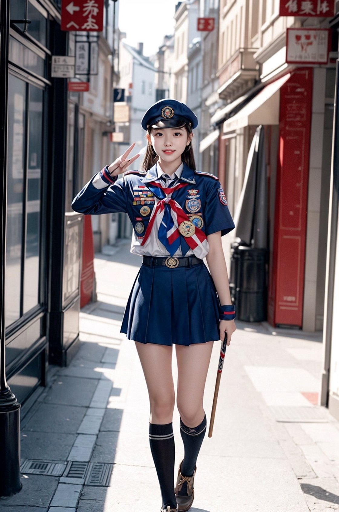 What we are looking at is a full-body panoramic photo, and the woman in the photo is particularly touching. She is only 22 years old and is already a model-like Scout of the Republic of China. She has a delicate face, a charming smile like Lin Chiling, and an extremely perfect figure. She was wearing a modern standard Boy Scout uniform, with a wooden badge representing honors on her left chest, a wooden badge scarf around her neck, a Boy Scout hat on her head, and a Boy Scout stick in her hand. It was really standard. She is doing the Boy Scout three-finger salute, and in her gesture you can see the core values ​​of the Scouts – bravery, loyalty and service. Today is March 5th, Boy Scout Day. This is an important day to showcase the Scout culture and its achievements to the world. The Baden-Powell badge she wears on her heart is the highest tribute to the founder of the Boy Scout movement who came across the sea. Overall, this photo shows a youthful, energetic and enthusiastic young woman who is the best representative of the contemporary Boy Scouts of the Republic of China. Full of energy, confidence, and always carrying the spirit of Scouting.