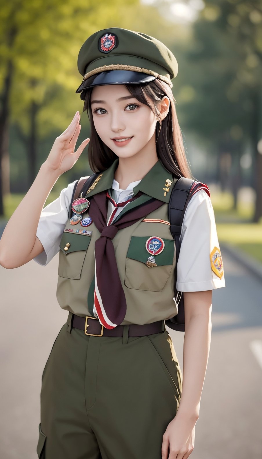 When the camera focuses on this 22-year-old woman, what we see is a very representative Boy Scout. She is as slender as a model, with a charming smile like Lin Chiling's, but her eyes contain determination and perseverance. She wore green Scout trousers, a khaki short-sleeved Scout uniform, and a Scout hat, showing off her overall style. The wooden badge on the brooch proves her important position in the Scout organization of the Republic of China, and the wooden badge scarf symbolizes the special role she plays. She held the Boy Scout stick tightly in one hand and made the standard three-finger salute of the Boy Scouts with the other hand, showing her loyalty to the Scout ideals. This day happens to be March 5th, and people celebrate Scouting Day all over the world. Her costume also features the Baden-Powell badge, which is a tribute to the founding place of the global Scout movement. Her full-body panoramic photo is undoubtedly an excellent visual letter, showing the spirit of the Scout organization of the Republic of China. Beauty, determination and loyalty are all fully reflected in this young woman.