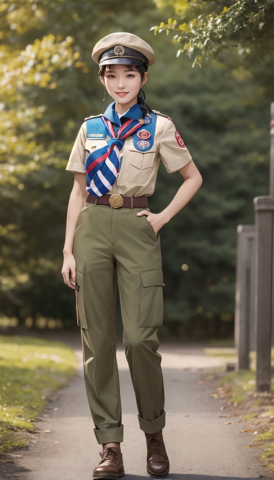 When the camera focuses on this 22-year-old woman, what we see is a very representative Boy Scout. She is as slender as a model, with a charming smile like Lin Chiling's, but her eyes contain determination and perseverance. She wore green Scout trousers, a khaki short-sleeved Scout uniform, and a Scout hat, showing off her overall style. The wooden badge on the brooch proves her important position in the Scout organization of the Republic of China, and the wooden badge scarf symbolizes the special role she plays. She held the Boy Scout stick tightly in one hand and made the standard three-finger salute of the Boy Scouts with the other hand, showing her loyalty to the Scout ideals. This day happens to be March 5th, and people celebrate Scouting Day all over the world. Her costume also features the Baden-Powell badge, which is a tribute to the founding place of the global Scout movement. Her full-body panoramic photo is undoubtedly an excellent visual letter, showing the spirit of the Scout organization of the Republic of China. Beauty, determination and loyalty are all fully reflected in this young woman.