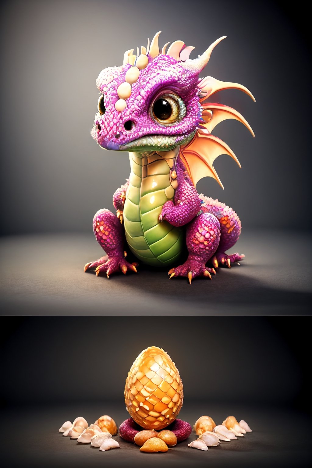 Dragon,baby dragon,popped out of egg,cracked egg,just born,innocent,cute eyes,huge egg,standing inside egg,egg shell below,egg shell on top,giant egg,dragon egg,coming out of egg