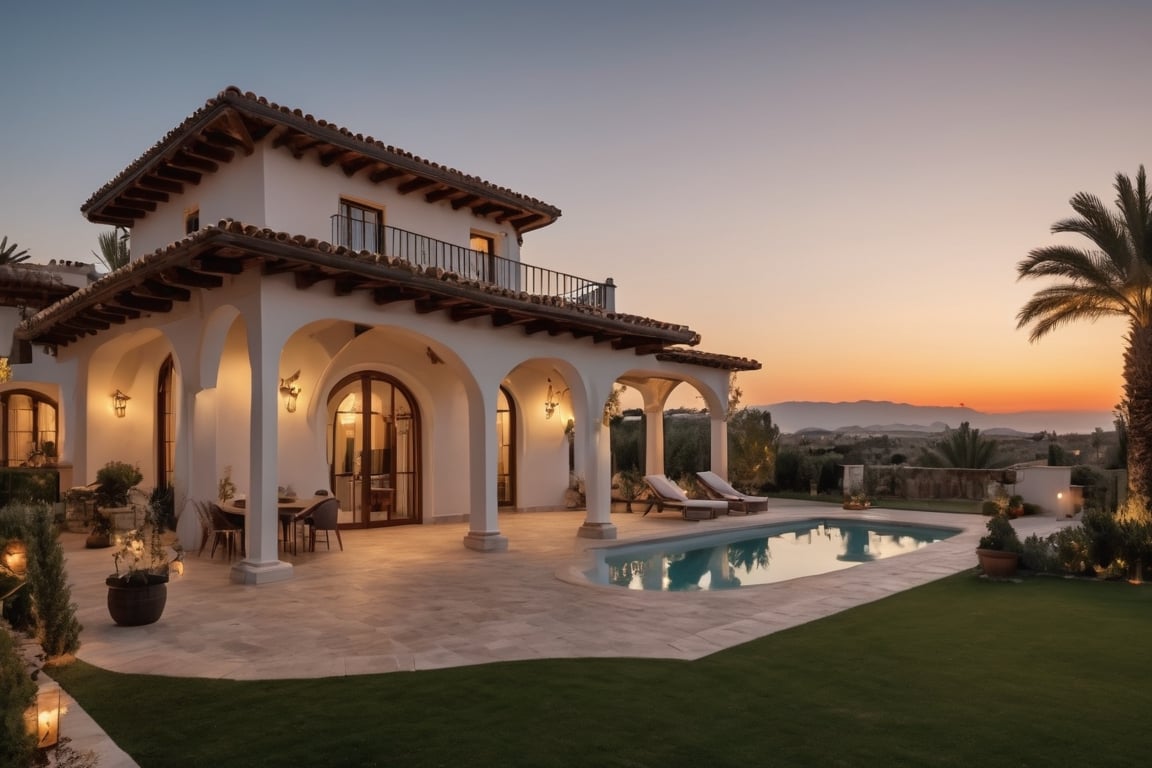 RAW photos,spanish style villa exterior view evening time ,beautiful landscape, 8k uhd, dslr, soft lighting, high quality, film grain, Fujifilm XT3