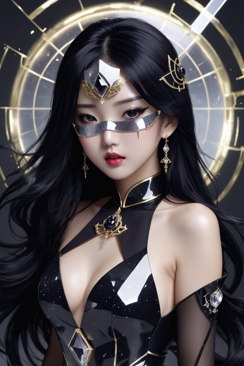 (crystal cyber mask:1.1), (broken glass asian dress:1.1), 1girl, solo, breasts, crystal hair pin, black and silver themed image, full_body_portrait, asian features, long hair, black hair, black eyes, thin lips, delicate face, round face,Asian,Asian Girl,Asian Woman, makeup, motoko2045, no expression, Gold Edged Black Rose, realistic, shards, plain background