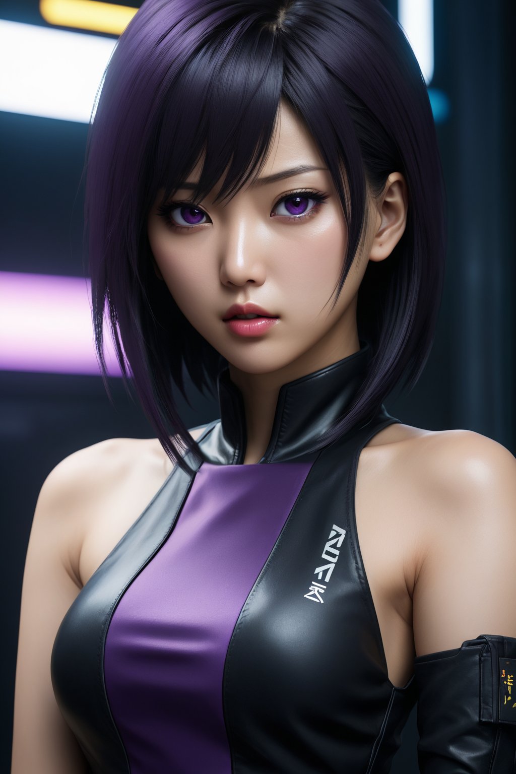 MASTERPIECE, BEST QUALITY, HIGH QUALITY, DIGITAL_ART, OCTANE, AWARD_WINNING, HIGHRES, REALISTIC, BEAUTIFUL, PERFECT COMPOSITION, INTRICATE DETAILS, ULTRA-DETAILED, 1girl, rating:safe, solo, (full_body_portrait:1.2), asian features, dark hair, black sexy dress, purple eyes, thin lips, delicate face, round face,Asian,Asian Girl,Asian Woman, light eyeshadow makeup, motoko2045, no expression, cyberpunk2077